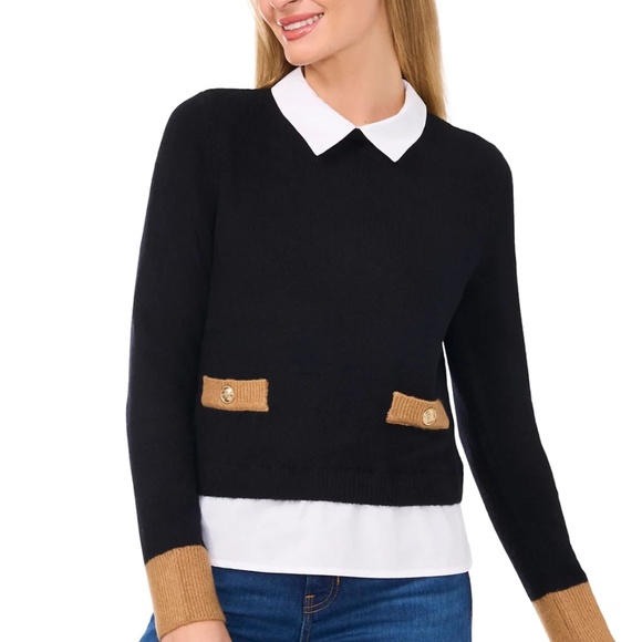 NEW CECE Black & White TWO-FER Collared LAYERED Pocket Detail SWEATER TOP XS - Picture 7 of 10